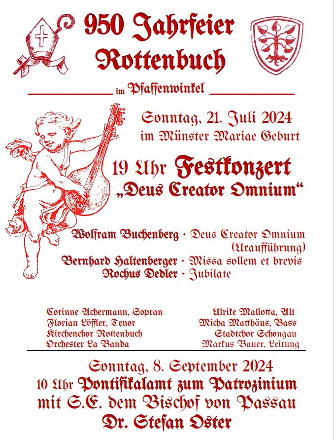 Am Sonntag, 21. Juli 2024, findet das Festkonzert 950 Jahre Rottenbuch statt. Beginn ist um 19.00 Uhr.