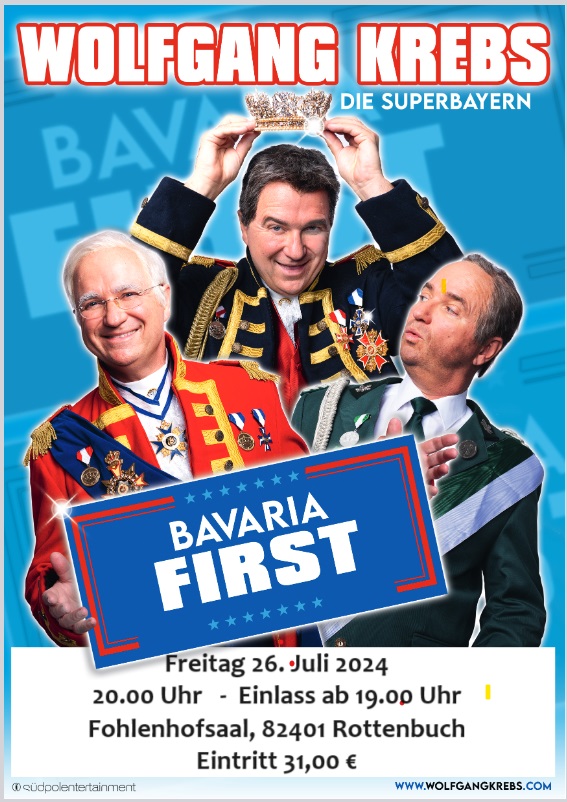 Der Kabarettist Wolfgang Krebs gibt uns mit seinem aktuellen Programm "Bavaria First" am Freitag, den 26. Juli 2024 um 20:00 Uhr im Fohlenhofsaal von Regens Wagner die Ehre.