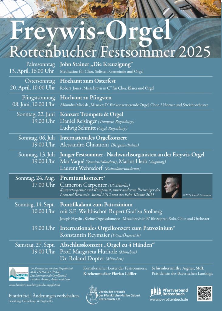 Das Programm für den Festsommer 2025 an der Freywis-Orgel in der Rottenbucher Pfarrkirche Mariae Geburt.