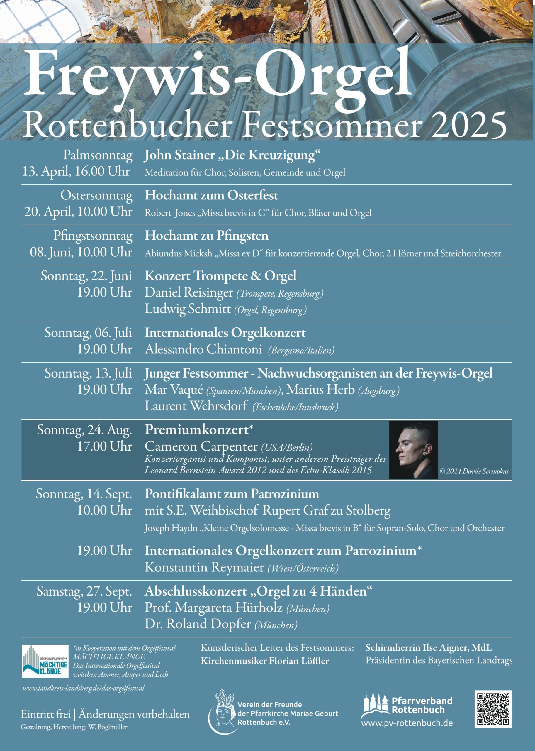 Das Programm für den Festsommer 2025 an der Freywis-Orgel in der Rottenbucher Pfarrkirche Mariae Geburt.