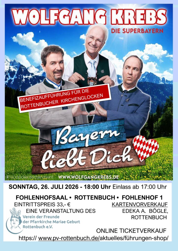 Merken Sie sich den Sonntag, 26. Juli 2026, vor! Wolfgang Krebs tritt ab 18:00 Uhr im Fohlenhofsaal in Rottenbuch auf.
